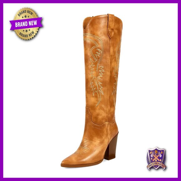 Shoes - Women's Knee High Cowboy Boots Pull On Embroidered Chunky Heel Pointed Toe